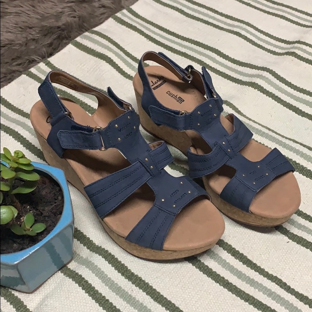 Blue Clark’s cork wedge summer sandals